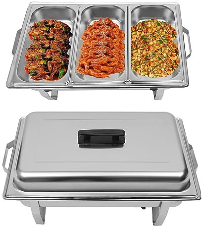 Chafing Dish Set professionnel avec 3 poêles alimentaires, 2 récipients à pâte combustible et poignée anti-brûlure, récipient 3 en 1 en acier inoxydable de 60 x 34,5 x 30 cm, amovible, pour