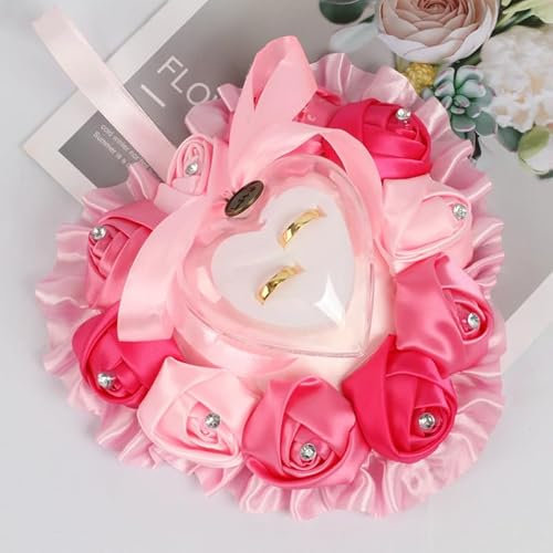 SYSUII Hochzeit Ringkissen, Vintage Hochzeitsdeko Ehering-Kissen mit Satinband Schleife Ringhalter in Herzform Hochzeit deko Strass Ring Kissen Ringbox Kissen für Eheringe Verlobung Valentinstag-Rosa