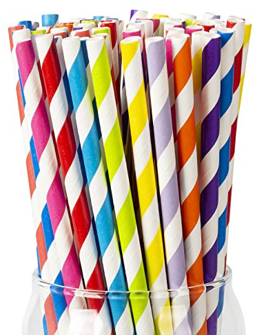 Lot de 200 Pailles en Papier Biodégradables - à Rayures Colorées pour Cocktails et Fêtes - Décoration pour Verre Mason, Anniversaire, Mariage, Célébration