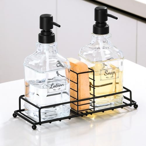 Shinowa Seifenspender Set mit Eisen Ständer, 2 Stück Glas Nachfüllbar Pumpspender Pumpflasche, Multifunktional Flüssigseife Spender Spülmittelspender mit Pumpe für Badezimmer Küchen, Schwarz
