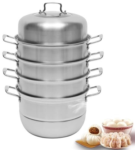 OUBUBY 5 Kochtopf Set Dampfgarer/Suppentopf Steamer 3-stufig, Induktionssicher, Edelstahl, 32.5cm (12.8'') Dampfgarer mit Metalldeckel Spülmaschinengeeignet Induktionsdampfentsafter