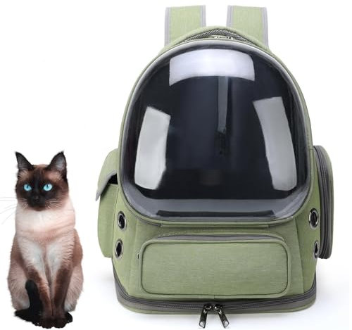 PJDDP Katzen-Rucksack, Luftpolster-Rucksack Für Kleine Und Mittelgroße Katzen, Welpen, Hunde, Rucksack, Tasche, Raumkapsel, Haustier-Tragetasche Für Wandern, Camping,Grün