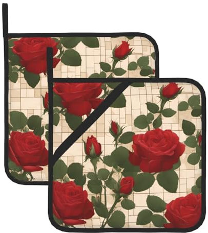 Presine quadrate resistenti al calore con motivo di rose rosse (set da due), 20,3 x 20,3 cm, tessuti di qualità, anti-scottatura e facili da pulire