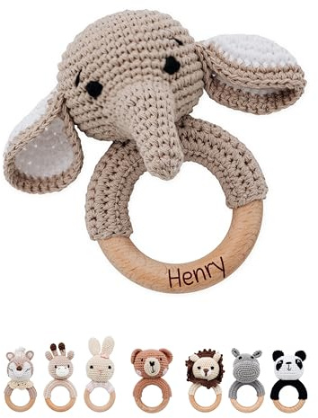 Bärenfreunde® - Personalisierter Beißring Baby - Niedlicher Greifling für Baby's ab 0 Monate - Babyrassel mit Name als Baby Geschenk für Mädchen und Jungen (Elefant,mit Name)