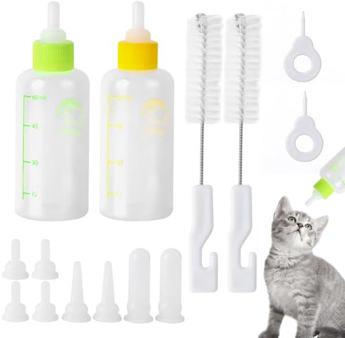 Graplan 2 Stück Aufzuchtflasche Katze 60ml Haustier Babyflasche Kit,Welpenmilch Aufzuchtflasche,Haustiere Aufzuchtflasche,Kitten Flasche Set Enthält Flasche,Saugern,Bürste und Durchgangsloch Nadel