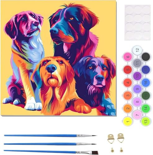 Malen Nach Zahlen Erwachsene Tiere Hunde, Paint by Numbers Malen Nach Zahlen, Handgemalt Ölgemälde Kit für Anfänger Erwachsene Mit 3-Pinseln und Acrylfarbe, für Home Decor (mit Rahmen) 40x40cm U-2283