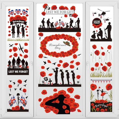 AhfuLife 10 Sheets Remembrance Day Window Stickers, Lest We Forget Window Stickers for 11th November Remembrance Day Double Side Poppy Window Clings for Window Mirror Glass Decorations