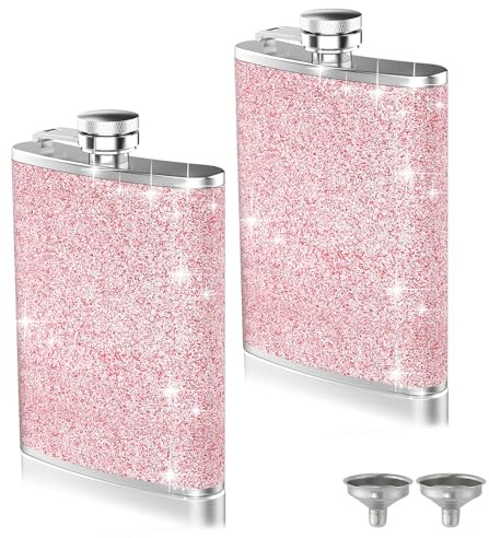 2-Pack 8 Oz Bling Hip Flasks for Liquor, Hianjoo Leakproof Thin Stainless Steel Flasks Pocket Flask with Funnel for Women, Portable Metal Flask for Camping Outdoor Activity Wedding Party Gift, Pink