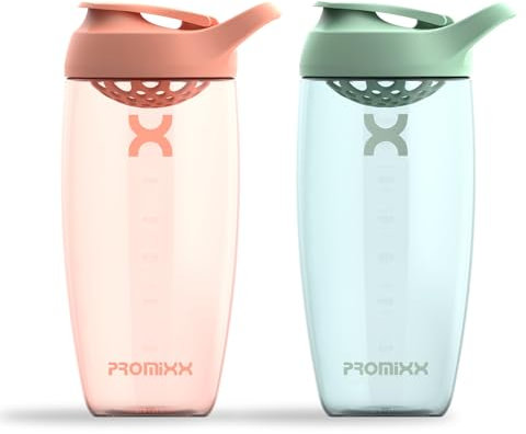 Promixx PURSUIT Protein Shaker Bottle 2-Pack – Premium Sports Shaker Bottles for Protein Mixes and Supplement Shakes – Coral, Seagrass Green, 700ml