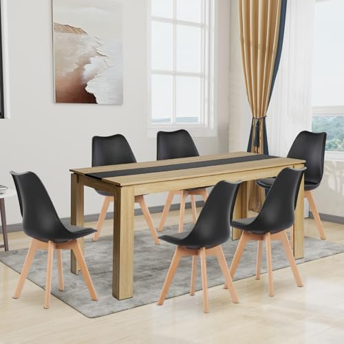 FURNITABLE matbord med 6 stolar, matsalsgrupp, set med 6 matstolar och 160 cm rektangulära, träbord, matgrupp för vardagsrum, kök, kontor (ek-svart bord + 6 svarta stolar)