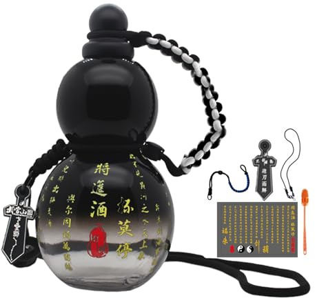 Gourd Water Bottle, 28oz Drinking Gourd Bottle with Strap, Waist Rope, Cup Brush, Charm, DIY Sticker, Leak-proof Reusable Vintage Chinese Style Monkey King Wukong Drinking Bottle (Black & Clear)