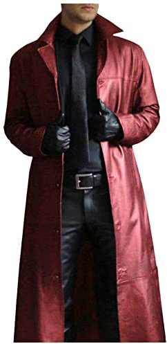 Veste de moto 3/4 en cuir synthétique pour homme, trench-coat avec bouton, style décontracté, vintage, coupe-vent, élégant pour affaires, parka, veste longue, Rouge, XL