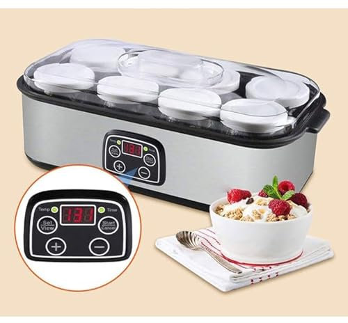 OZMDXKJ Yogurtera Automática Portátil, Yogurtera Inteligente con 8 Tarros 1400ml Temperatura Ajustable Control Tiempo para Preparar Postres Caseros Frescos y Saludables,Silver