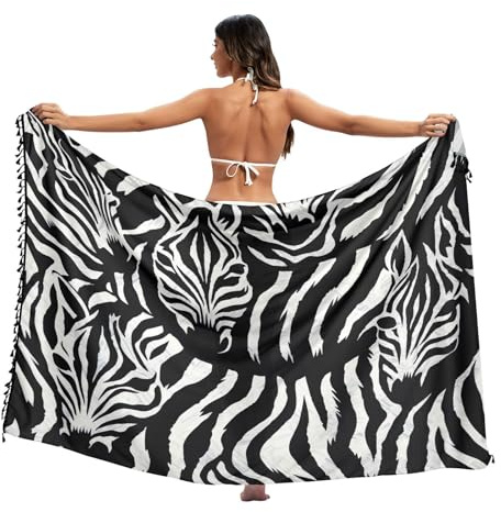 RPLIFE Sarong da nuoto con motivo zebrato bianco e nero, con frangia, da donna, grande sarong, Animali Zebra Bianca e Nera, L