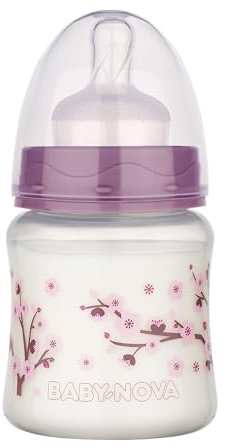 babynova Wide Neck Baby Bottle 150ml with Anti Colic Slow Flow Silicone Teat - Made in Germany - BPA-Free - Cherry Blossom