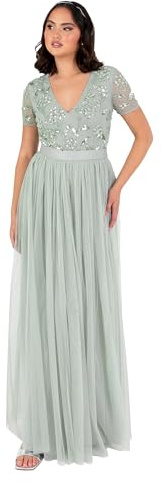 Maya Deluxe Dam Maxi Klänning Dam Blommig Sequin Embellished V-Neck Short Sleeve Tyll Sash Tie Belt Empire A-Line Bridesmaid Dam, Grön lilja, 40