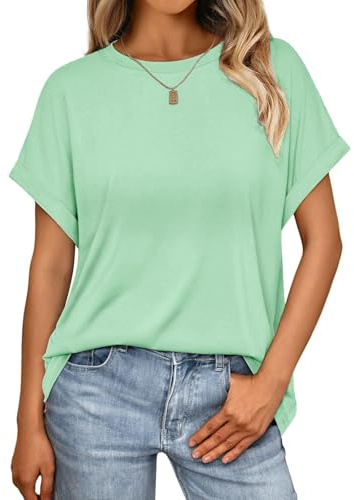 Cuptacc Tshirt Damen Sommer Kurzarm Rundhals T-Shirt Basic Oversize Top Damen Einfarbig Oberteil Leisure Klein S 34-36 Mintgrün