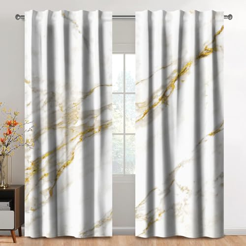 Kzzfqxb 107x160cm Tende in Marmo 2 Pannelli, Arte Moderna Beige Bianco Pietra Oro Linee Drappeggiate da Finestra con Asta, Decorazione Elegante di Lusso per Soggiorno Camera da Letto
