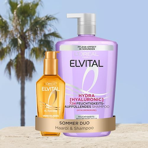 L'Oréal Paris Elvital XXXL Haarpflege-Routine: Öl Magique Haaröl & Hydra Hyaluronic Shampoo, Anti-Frizz & Feuchtigkeitsboost, mit 6 Blütenölen & Hyaluron, für glänzendes, gepflegtes Haar, 2-teilig