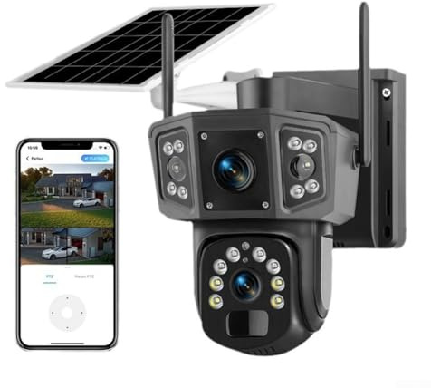 Jayruit Telecamera di sicurezza WiFi ad energia solare, per esterni, doppia lente 4K, zoom panoramico a 360°, senza fili, funzionamento a batteria (fotocamera)