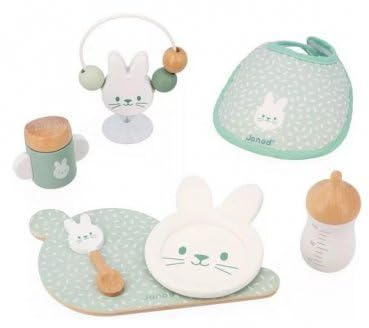 Coffret Repas et Jouet 7 Accessoires pour Poupon et Poupee - Bois et Tissu, Collection Lapin Zen - Set Jeu Imitation Fille et Une Carte