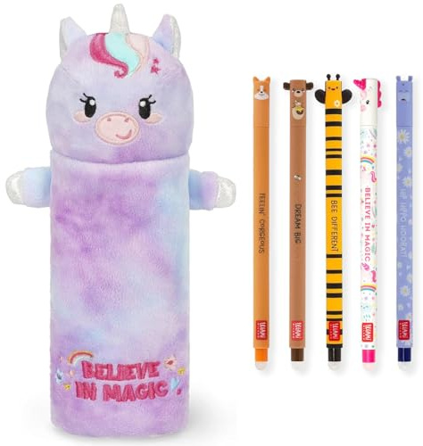 LEGAMI Superweiches Federmäppchen & radierbare Gelstifte | 5er-Set süße Tierstifte mit thermosensitiver Tinte + Plüsch-Federmäppchen (Einhorn)