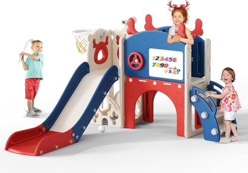 10 in 1 Elk theme Kids Slide, large toddler slide with basketball hoop, climbing frame for the garden, telescope, storage space, slide, extra long slide 170cm (elk slide-blue and red)