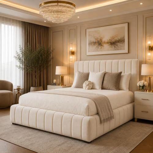 MOORCROFT BEDS 5FT King Ottoman Storage Solid Divan Base Bed With Headboard Upholstered In Plush Velvet Cream Bed End Lift - No Mattress (Cream, 5FT King With Storage - No Mattress)
