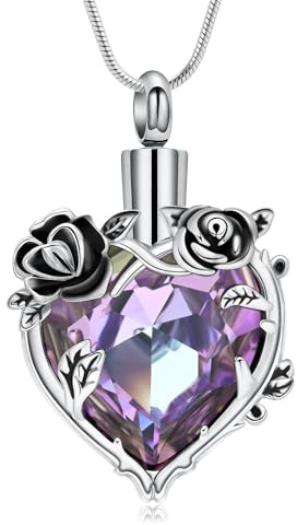 Rstnxnnl Gothic Jewellery Heart Crystal with Rose Flower Cremation Jewelry for Urn Necklaces for Ashes for Urn Pendant Keepsake Memorial Jewelry for Women Girls With Funnel Kit & Bag