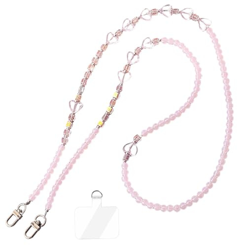 MisFun Cordino per Cellulare Universale con 1 pezzi Patch, Grazioso Cordino con Perline a Forma di Cuore, Cinturino da Collo con Chiusura in Metallo Laccio per Cellulare da Collo (Perline Rosa)