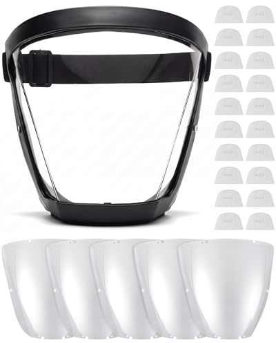 Saysurey 1 Pcs Protective Face Shield Mask with 5 Replaceable Visors and 20 Filter Pads Clear Full Face Mask Anti Fog Cover for Woodworking Weed Whacking Metal Cutting Lawn Mowing