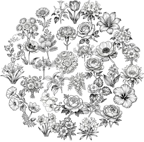 PNGIF Schwarz-weiße Blumen Aufkleber 50 Stück, Aesthetic Stickers für Kindle MacBook Scrapbook Fotoalbum Journal Koffer Laptop Fahrrad, Wasserfeste Transparenter PET Stickers
