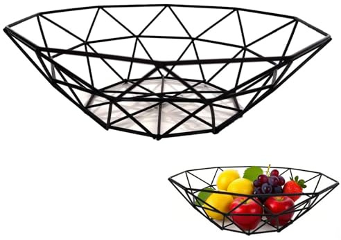 Koimiao Black Metal Fruit Bowl Basket – Durable Wire Fruit Holder for Kitchen Counter, Modern Home Decor & Table Centerpiece, Ideal for Storing Fruits, Bread, or Potpourris (Black-Geometric)