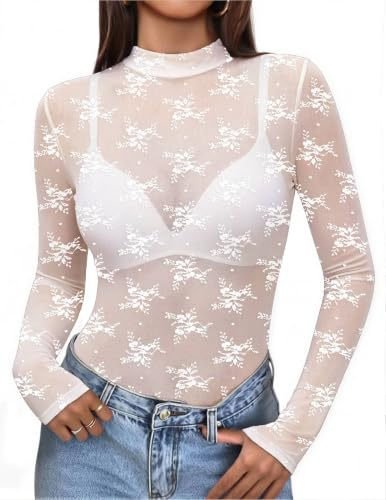 Zeagoo Mesh Topp för Damer, Sexigt Långärmat T-shirt, Transparentt Nättopp, M