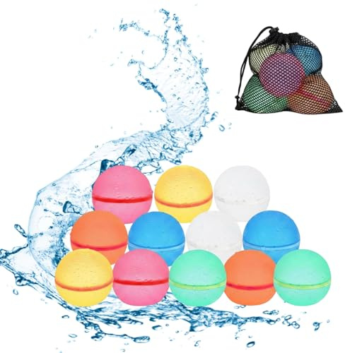 12 Stück Wiederverwendbare Wasserbomben, Nicht magnetische Selbstschließende Wasserbomben aus Silikon mit Netzbeutel, Wasserschwammbälle für Outdoor Aktivitäten, Sommer Pool Party und Strandspiele