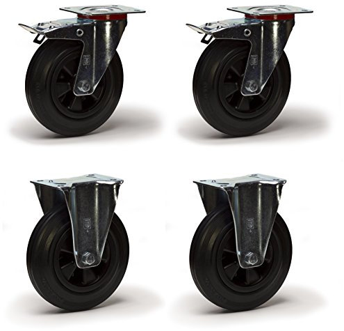 Lot de 4 roulettes pivotantes à frein et fixes caoutchouc noir 100 mm - 210 Kg