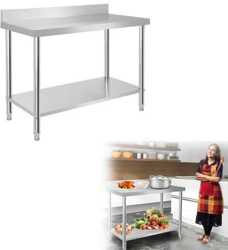 SAILUN Tavolo da Cucina da Lavoro Piano in Acciaio Inox con Alzatina Lastra per Cucina Professionale Catering(LxPxA: 120x60x85cm)