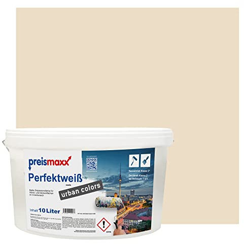 Preismaxx Perfektweiß urban colors, bunte Wandfarbe, beige, cremefarben, cream 10L, Innenfarbe, hohe Deckkraft Klasse 2, matt