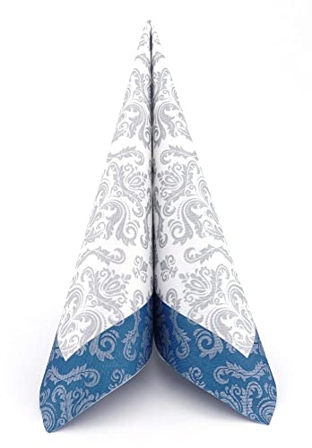APARTina 50 Servietten Ornament Barock stoffähnlich Airlaid, hochwertige stoffähnliche Servietten Einwegservietten Hochzeit Geburtstag Blau Weiß Silber (Dunkelblau, 40 x 40 cm)