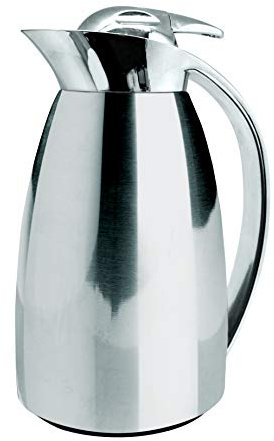 Caraffa termica a doppia parete in acciaio inox e interno in vetro.