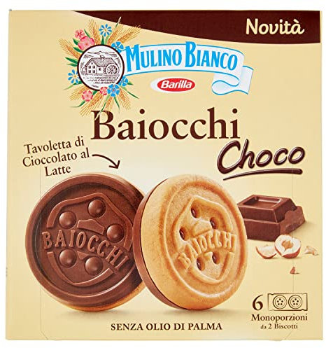Mulino Bianco Biscotti Baiocchi Choco, Biscotto di Pastafrolla e Tavoletta di Cioccolato al Latte con Nocciole, Ottimi come Snack 144 gr