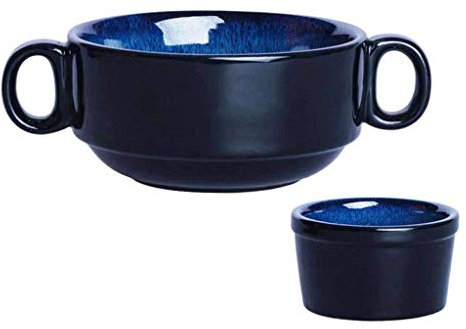 Soup Bowl with 2 Handles, Soup Bowls 2 Pieces Oven Microwaveable Microwave Safe Mug Cup in China Porcelain Ceramic Vintage Retro for Pudding Snacks Baking Dessert-Black-300ML
