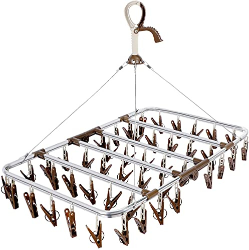 ANVINKU Sock Dryer, Aluminum 46 Pegs Sock Hanger for Washing Line | Folding Clothes Drying Rack with Windproof Hook, Hanging Clothes Airer for Socks, Underwear, Baby Clothes & Hats (Dark Brown)