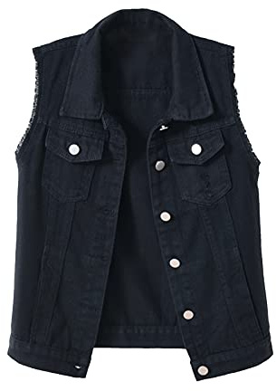Gilet en Jean Femme Denim Veste sans Manche Déchiré Boutonné Noir XXL