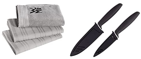 WMF Küchenhandtuch-Set 3-teilig Handtuch, Geschirrhandtuch, Baumwolle & Touch Messerset 2-teilig Küchenmesser mit Schutzhülle, Spezialklingenstahl antihaftbeschichtet, scharf, schwarz