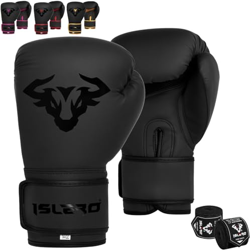 Islero EVO Fitness Gants de boxe mate noir pour hommes Sac de frappe Femme rose MMA Muay Thai Arts martiaux Kick boxing Entraînement de sparring Gants de combat avec protège-mains (340 g, Noir)