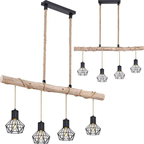 INNOVATE Pendelleuchte Holz 4 Gitterkörbe Diamant 1m Hängelampe Vintage 60W | Holzbalken Rustikal Aluminium Gitterkorb Pendellampe Schwarz 4x E27 Fassung bis 60W I Retro Hängeleuchte 120cm