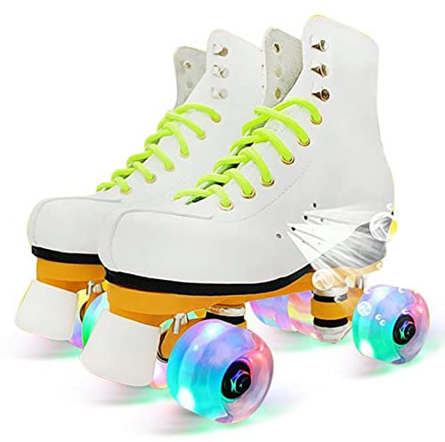 Damen-Rollschuhe Aus PU-Leder, Zweireihig, Hohe Rollschuhe, Vierrädriger, Glänzender Rollschuh Mit Tragetasche Für Jungen Und Mädchen, Perfekt Für Drinnen Und Draußen, Für Erwachsene,White-44-PU
