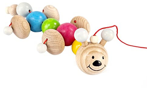 Hess Holzspielzeug 14144 - Nachziehspielzeug aus Holz, Raupe Ida, handgefertigt, für Kinder ab 12 Monaten, mit bunten Kugeln und Einer Schnur