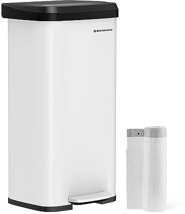 SONGMICS Kitchen Bin, 18 Gallon (68 L) Rubbish Bin, Metal Waste Pedal Bin with Lid, Tall and Large, White and Black LTB520W6802